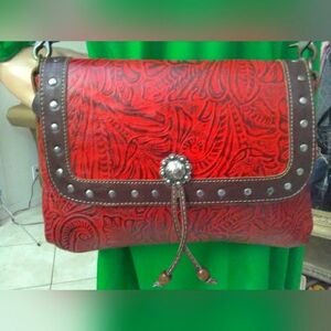 BNWOT WESTERN STYLE Red Embossed Leather Bag W Brown Trim & SILVER STUDS BY MYRA